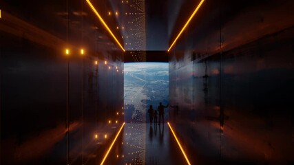 Wall Mural - huge illuminator of an unknown spaceship interior with scanner at an empty galaxy. 3d iss animation 