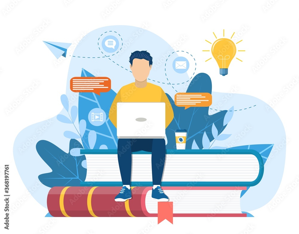 man sitting on pile of books. Concept illustration of online courses, distance studying, self education, digital library. E-learning banner. Online education. Vector illustration in flat style - obrazy, fototapety, plakaty 