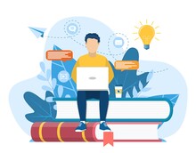 Man Sitting On Pile Of Books. Concept Illustration Of Online Courses, Distance Studying, Self Education, Digital Library. E-learning Banner. Online Education. Vector Illustration In Flat Style