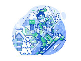 Wall Mural - Cheerful Skier Man with Smart Phone on Slope