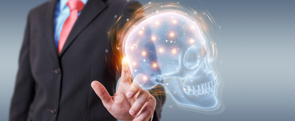 Poster - Man using digital x-ray skull holographic scan projection 3D rendering