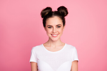 Sticker - Close-up portrait of her she nice-looking attractive pretty lovable cheerful cheery content sweet cute girl isolated over pink pastel color background