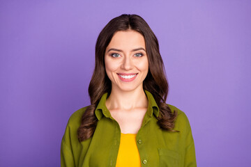 Poster - Portrait of cute sweet girlish lady girl have rest relax look in camera wear casual style cool clothes isolated over purple vivid color background