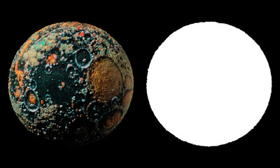 Poster - 3d render of abstract planet surface made of a lot of sphere particles. Colorful vibrant sphere. Isolated with luma mask.