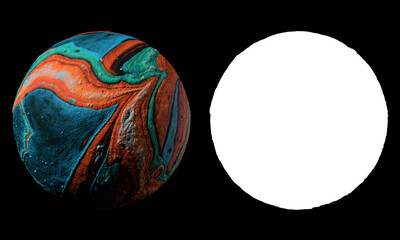 Poster - 3d render of abstract planet surface made of a lot of sphere particles. Colorful vibrant sphere. Isolated with luma mask.
