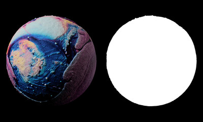 Poster - 3d render of abstract planet surface made of a lot of sphere particles. Colorful vibrant sphere. Isolated with luma mask.