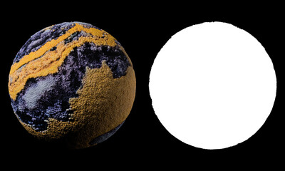 Poster - 3d render of abstract planet surface made of a lot of sphere particles. Colorful vibrant sphere. Isolated with luma mask.