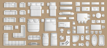 Icons Set Of Interior. Furniture Top View. Elements For The Floor Plan. (view From Above). Furniture And Elements For Living Room, Bedroom, Kitchen, Bathroom, Office.