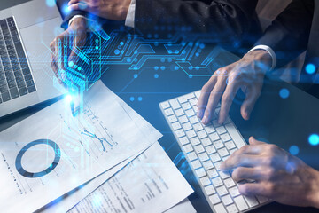 Two business people working together on it project. Brainstorm concept. Hi-tech hologram. Multiexposure.