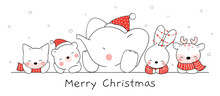 Draw Happy Animal In Snow For Christmas And New Year.