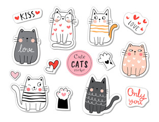 Draw collection stickers funny cat in love concept.