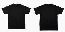 Blank T Shirt Color Black Template Front And Back View On White Background. Blank T Shirt Template.  Black Tshirt Set Isolated,mock Up.