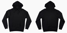 Blank Black Male Hoodie Sweatshirt Long Sleeve With Clipping Path, Mens Hoody With Hood For Your Design Mockup For Print, Isolated On White Background. Template Sport Winter Clothes.