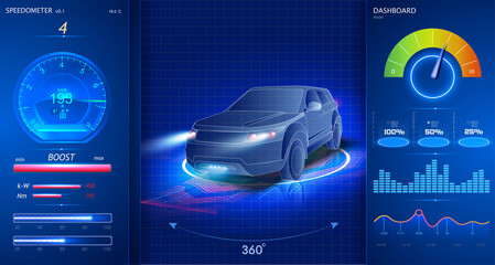 Fototapete - Car service in the style of HUD, Cars infographic ui, analysis and diagnostics in the hud style, futuristic user interface, repairs cars, Car auto service, mechanisms cars, car service UX. dashboard