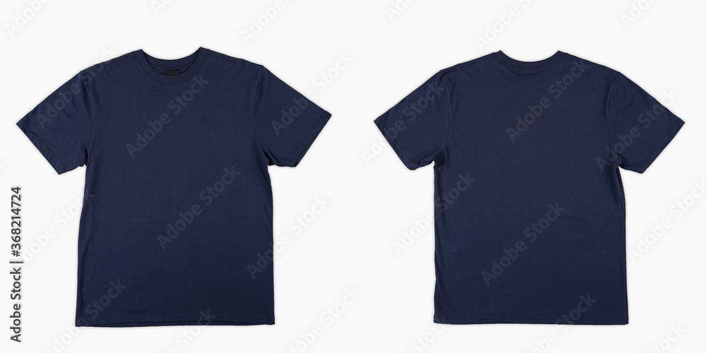 Blank T Shirt color navy blue template front and back view on white background. blank t shirt template.  navy blue tshirt set isolated,mock up. - obrazy, fototapety, plakaty 