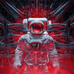 Wall Mural - lair of the machine / 3d illustration of science fiction astronaut exploring alien space ship interi