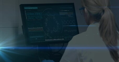 Poster - Animation of female scientist looking at computer screen with data processing
