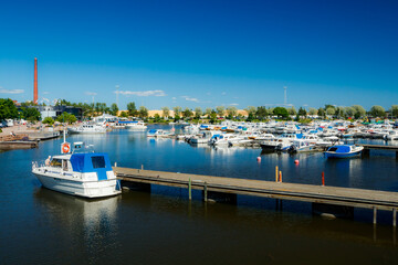 Kotka, Finland - 22 June 2020: A view on the parking of boats and yachts in the gulf Sapokka.