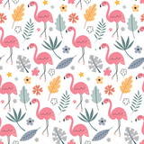 Cute vector seamless pattern with flamingo and tropical plants.