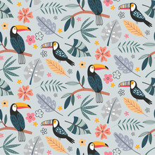 Cute Vector Seamless Pattern With Exotic Birds, Parrot, Toucan And Tropical Plants.