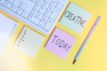 Poster - Conceptual hand writing showing Creative. Concept meaning managed to get around legal or conventional limits of laws Empty papers with copy space on yellow background table