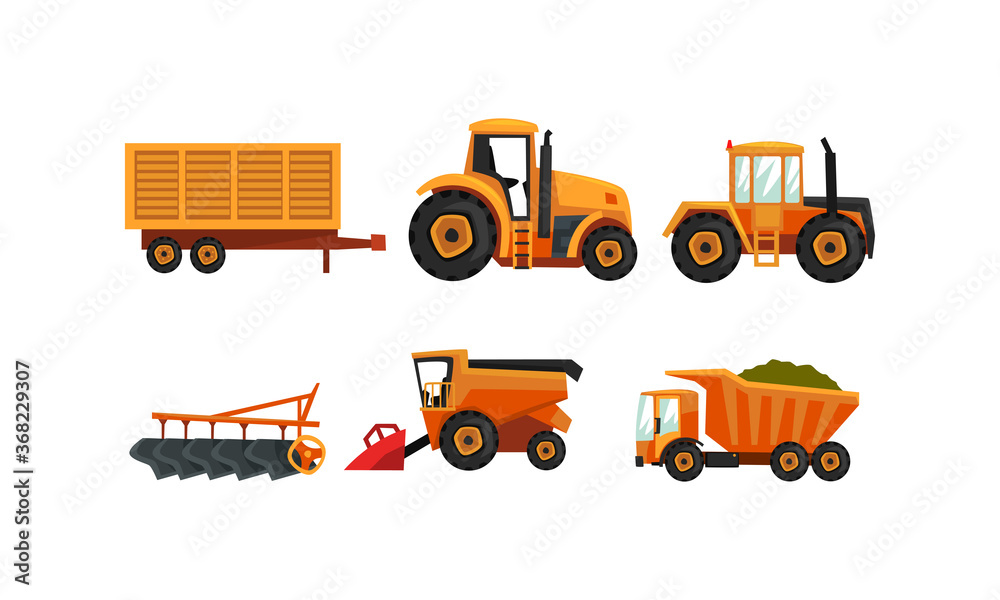 Agricultural Machinery Set, Modern Farm Vehicles for Land Agricultural Processing, Tractor, Plow, Truck Flat Style Vector Illustration - obrazy, fototapety, plakaty 
