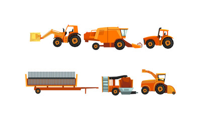 Poster - Agricultural Machinery Set, Industrial Farm Vehicles for Land Agricultural Processing Flat Style Vector Illustration