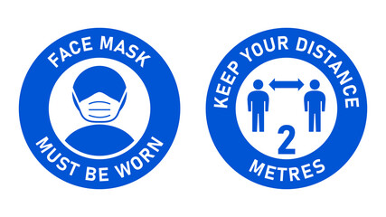 Poster - Set of Circular Measure Warning Signs against the Spread of Coronavirus including Face Mask Must Be Worn and Keep Your Distance 2 Metres. Vector Image.