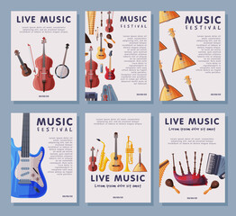 Wall Mural - Music Festival Banner Tempates Set, Advertisement Poster, Brochure, Flyer, Invitation Card with Musical Instruments Vector Illustration