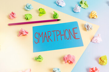 Poster - writing note showing smartphone. business concept for the mobile phone that performs many of the fun