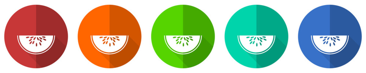 Fototapete - Watermeloon icon set, fresh fruit, red, blue, green and orange flat design web buttons isolated on white background, vector illustration