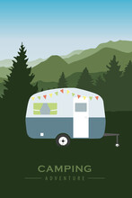 Camping Adventure At Green Mountain And Forest Landscape Vector Illustration EPS10