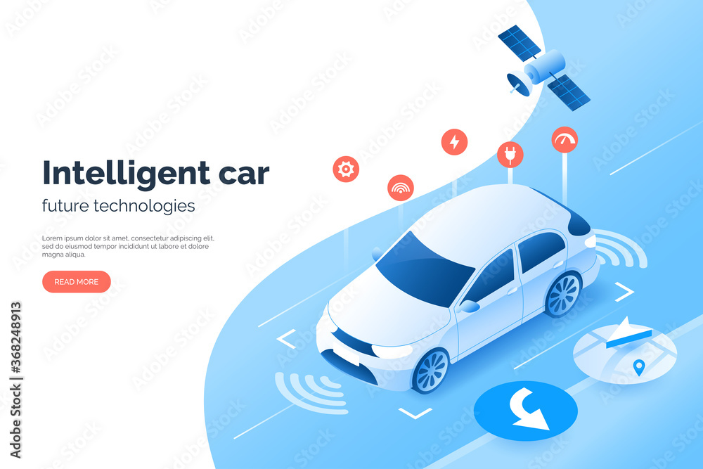 Smart car technology illustration, isometric style. Vehicle GPS satellite navigation system. Autonomous car scans the space and road around it. Condition monitoring system of auto. - obrazy, fototapety, plakaty 