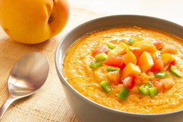 Wall Mural - Peach gazpacho with vegetables. Traditional spanish recipe.