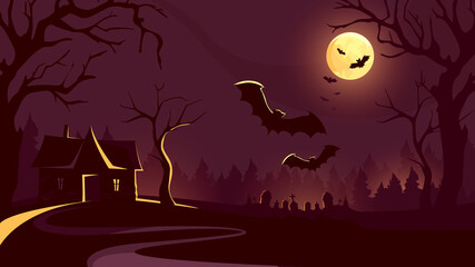 Wall Mural - Halloween background with house and flying bats. Scary night scene.
