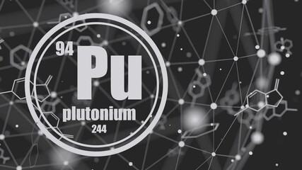 Sticker - Plutonium chemical element. Sign with atomic number and atomic weight. Chemical element of periodic table. Molecule and communication background. Connected lines with dots.