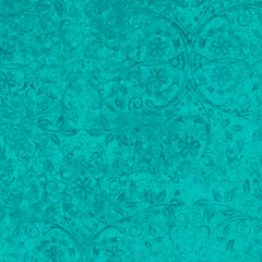 Poster - old abstract turquoise grunge vintage cement texture with  floral seamless pattern print tiles wallpaper texture background square
