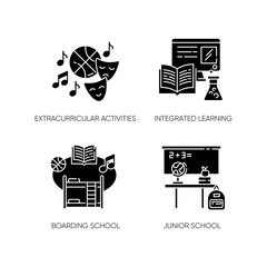 Sticker - Primary education black glyph icons set on white space. Junior school with extracurricular activities and integrated learning. Private boarding school silhouette symbols. Vector isolated illustrations