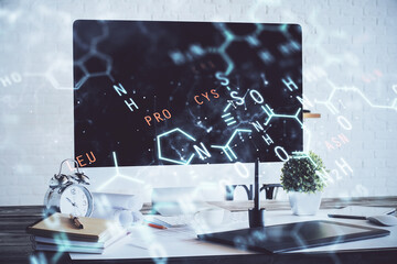 Poster - Desktop computer background and formula hologram writing. Double exposure. Education concept.