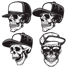 Set Of Illustrations Of Skull In Baseball Cap In Monochrome Style. Design Element For Logo, Emblem, Sign, Poster, Card, Banner. Vector Illustration