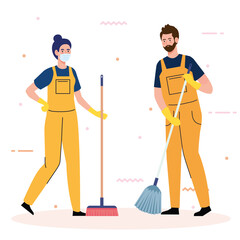 Sticker - janitors team cleaning service, couple cleaners wearing medical mask, in uniform working with professional equipment of cleaner vector illustration design