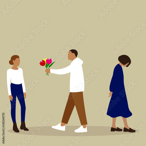 Cuadros en Lienzo A man leaves one woman and gives flowers to another woman