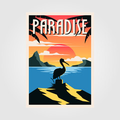 Poster - paradise beach vintage poster vector pelican bird illustration design