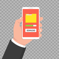 Poster - Downloading file, information concept. Hand holding smartphone on transparent background. Vector illustration.