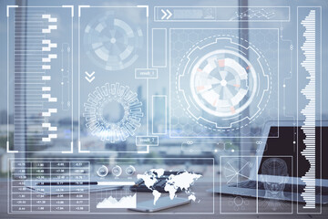 double exposure of desktop computer and technology theme hologram. concept of software development.
