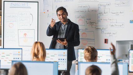 Poster - Elementary School Computer Science Class: Teacher Uses Digital Tablet, Explains Lesson to Diverse Group of Smart Children. Kids getting Modern Education, Learn Internet Safety, Software Programming