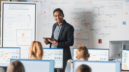 Poster - Elementary School Computer Science Class: Teacher Uses Digital Tablet, Explains Lesson to Diverse Group of Smart Children. Kids getting Modern Education, Learn Internet Safety, Software Programming