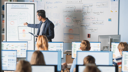 Poster - Elementary School Class: Teacher Uses Interactive Digital Whiteboard, Explains Lesson to Diverse Group of Smart Children. Kids getting Modern Education, Learn Computer Science, Software Programming
