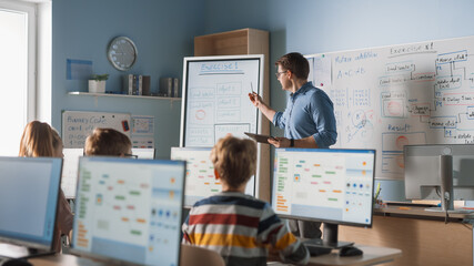 Poster - Elementary School Class: Teacher Uses Interactive Digital Whiteboard, Explains Lesson to Diverse Group of Smart Children. Kids getting Modern Education, Learn Computer Science, Software Programming