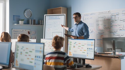 Poster - Elementary School Class: Teacher Uses Interactive Digital Whiteboard, Explains Lesson to Diverse Group of Smart Children. Kids getting Modern Education, Learn Computer Science, Software Programming